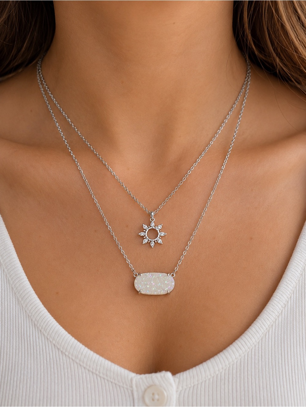 Silver plated Layered Necklace Set with White Opal Pendant and Sunburst Charm